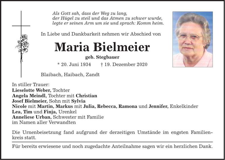 Traueranzeige Maria Bielmeier