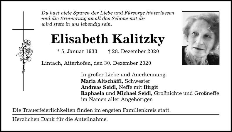 Traueranzeige Elisabeth Kalitzky