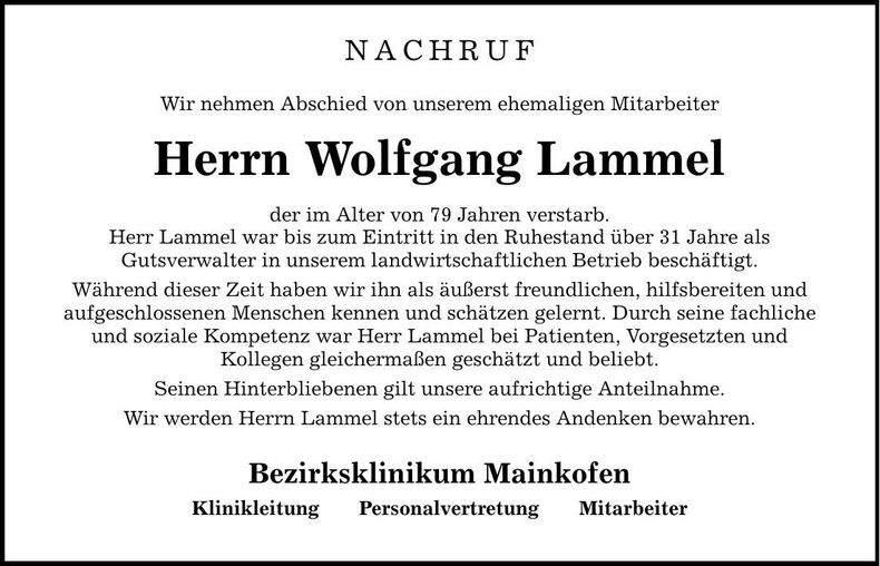 Traueranzeige Wolfgang Lammel