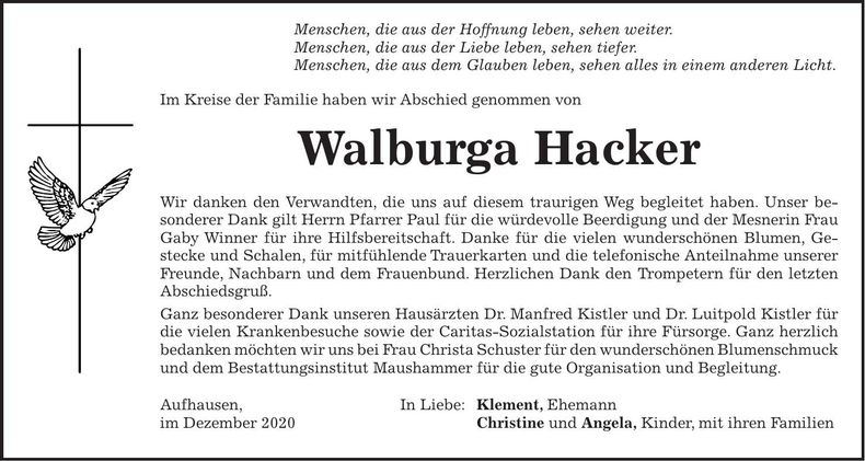 Traueranzeige Walburga Hacker