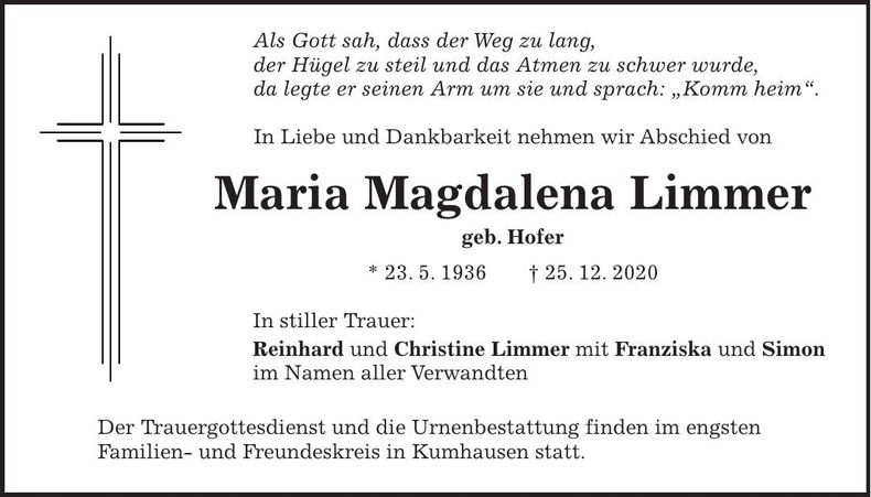 Traueranzeige Maria Magdalena Limmer