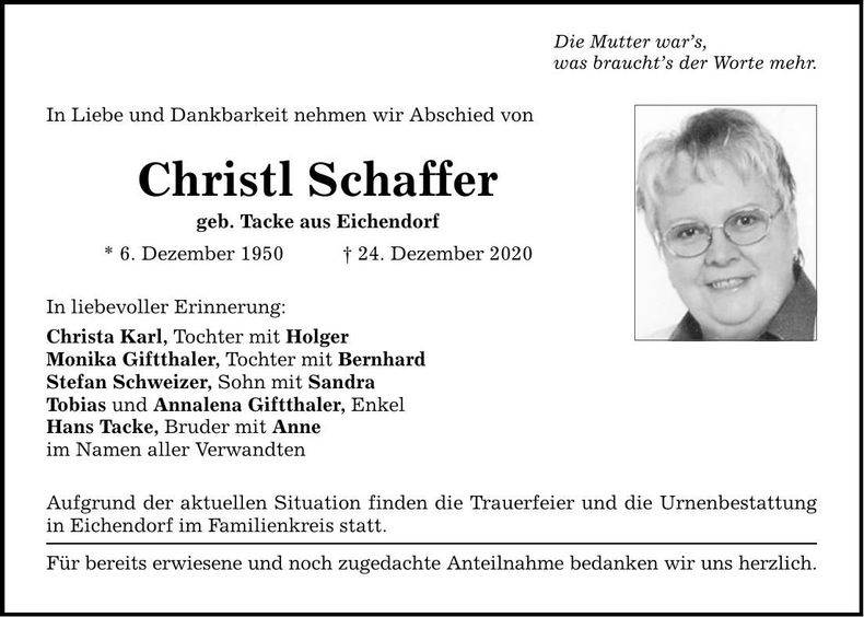 Traueranzeige Christl Schaffer
