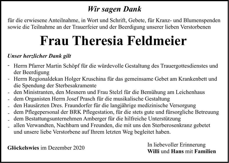 Traueranzeige Theresia Feldmeier