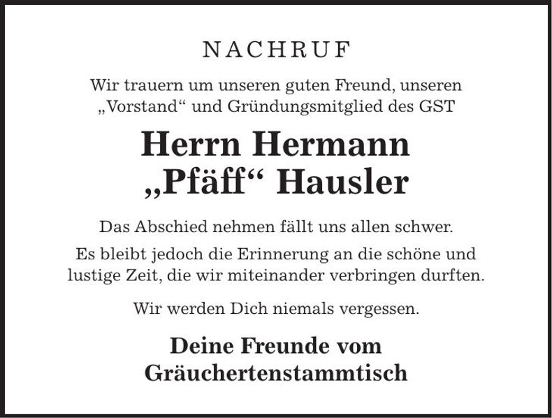 Traueranzeige Hermann Hausler