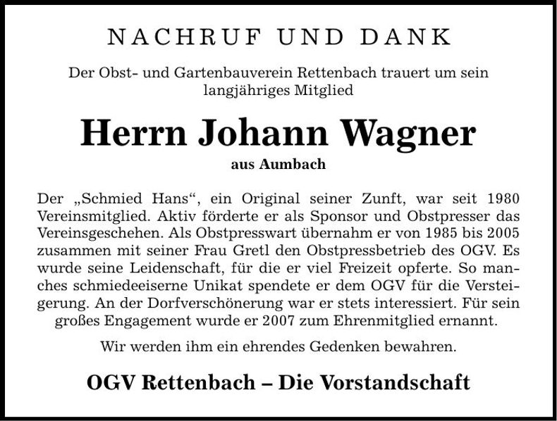 Traueranzeige Johann Wagner