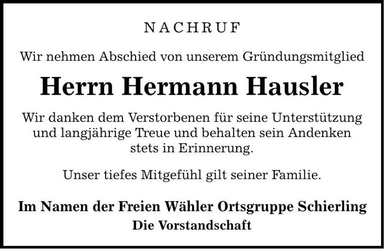 Traueranzeige Hermann Hausler
