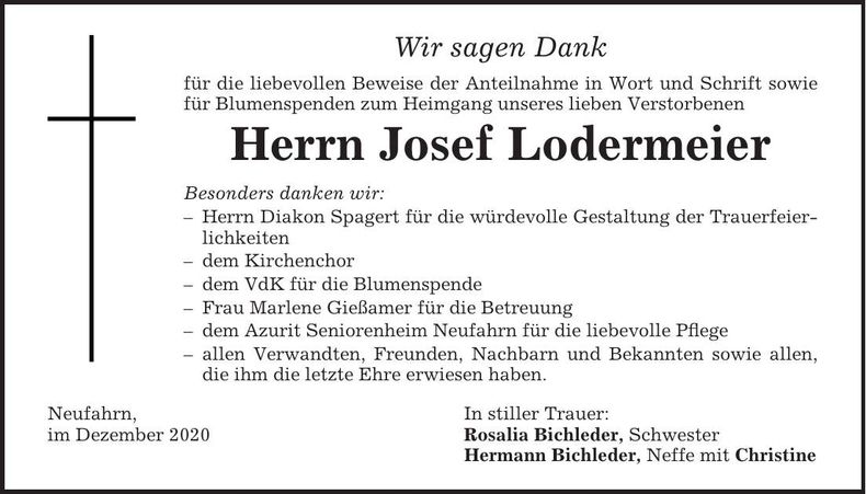 Traueranzeige Josef Lodermeier