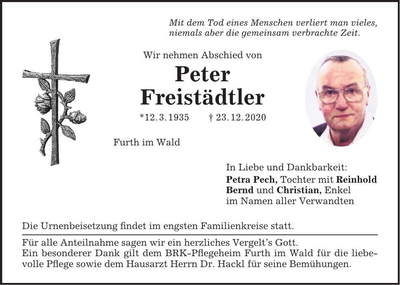 Traueranzeige Peter Freistädtler