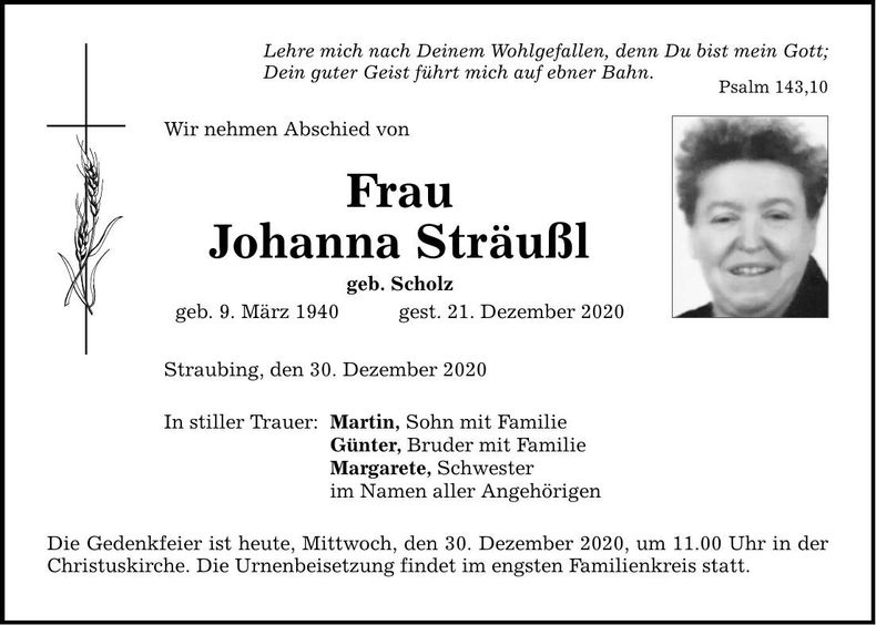 Traueranzeige Johanna Sträußl