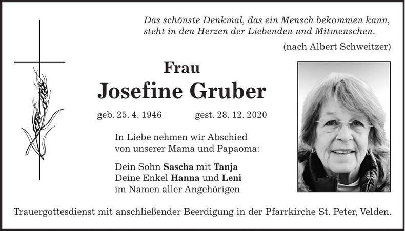 Traueranzeige Josefine Gruber