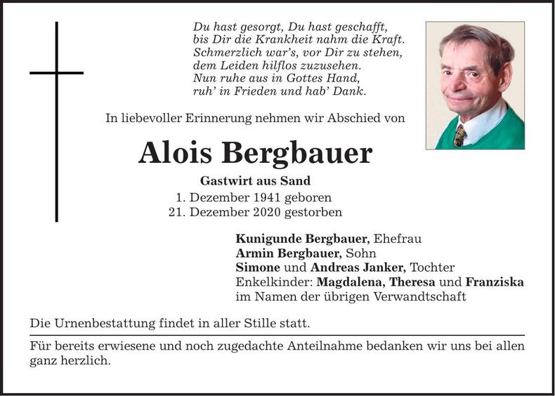 Traueranzeige Alois Bergbauer
