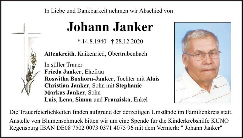 Traueranzeige Johann Janker