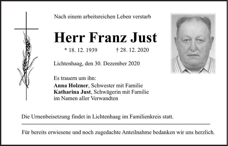 Traueranzeige Franz Just
