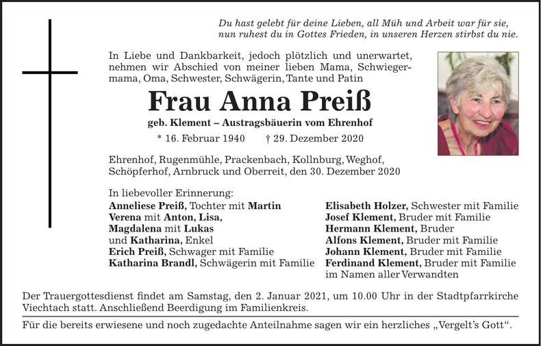 Traueranzeige Anna Preiß