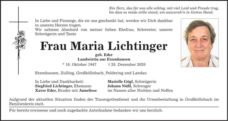 Traueranzeige Maria Lichtinger