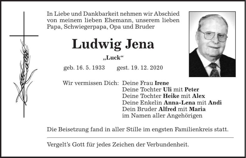 Traueranzeige Ludwig Jena
