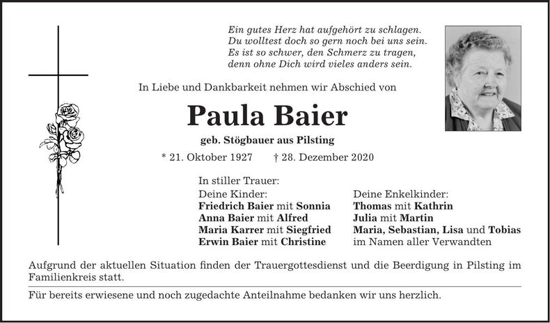 Traueranzeige Paula Baier