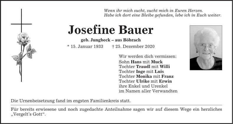 Traueranzeige Josefine Bauer
