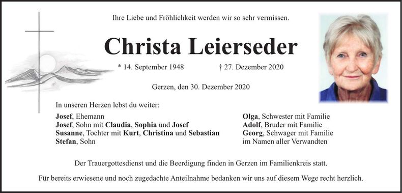Traueranzeige Christa Leierseder