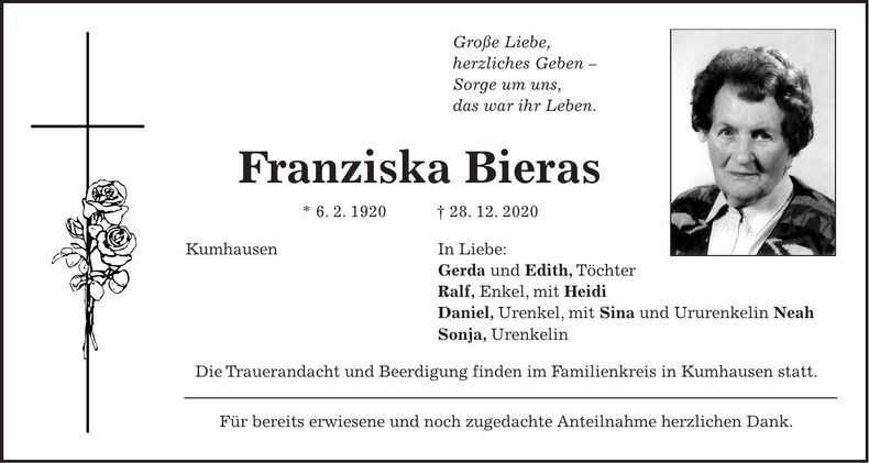 Traueranzeige Franziska Bieras