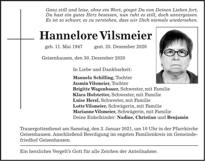 Traueranzeige Hannelore Vilsmeier