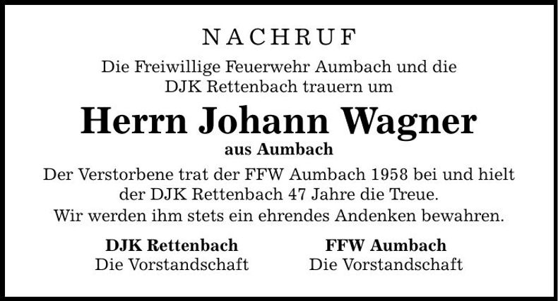 Traueranzeige Johann Wagner