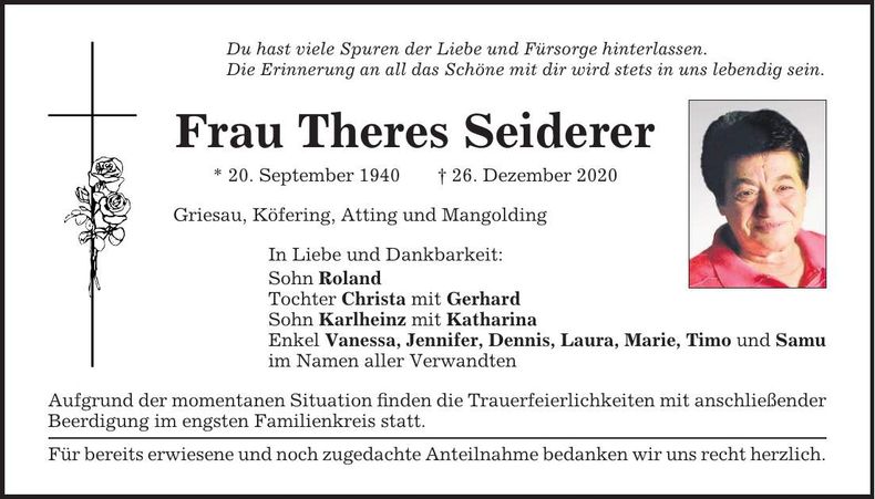 Traueranzeige Theres Seiderer