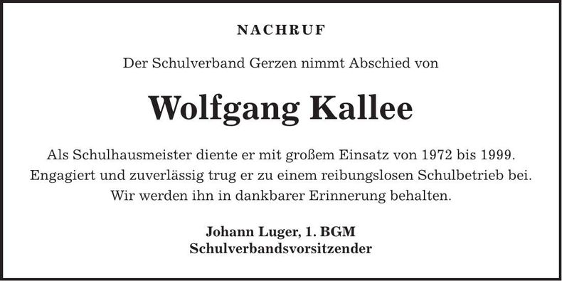 Traueranzeige Wolfgang Kallee