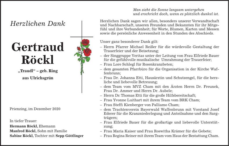 Traueranzeige Gertraud Röckl