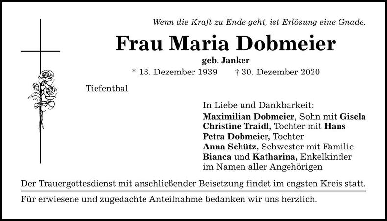 Traueranzeige Maria Dobmeier