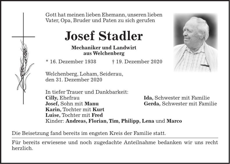 Traueranzeige Josef Stadler