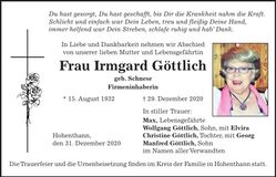 Traueranzeige Irmgard Göttlich