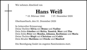 Traueranzeige Hans Weiß