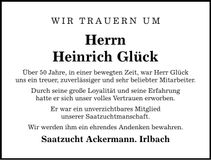 Traueranzeige Heinrich Glück