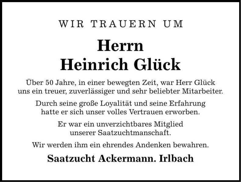 Traueranzeige Heinrich Glück