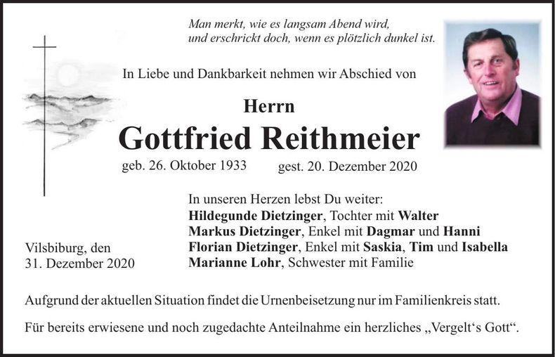 Traueranzeige Gottfried Reithmeier