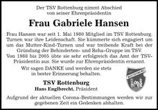 Traueranzeige Gabriele Hansen