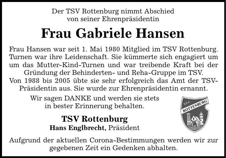 Traueranzeige Gabriele Hansen