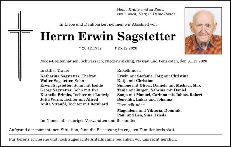 Traueranzeige Erwin Sagstetter