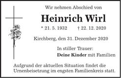 Traueranzeige Heinrich Wirl
