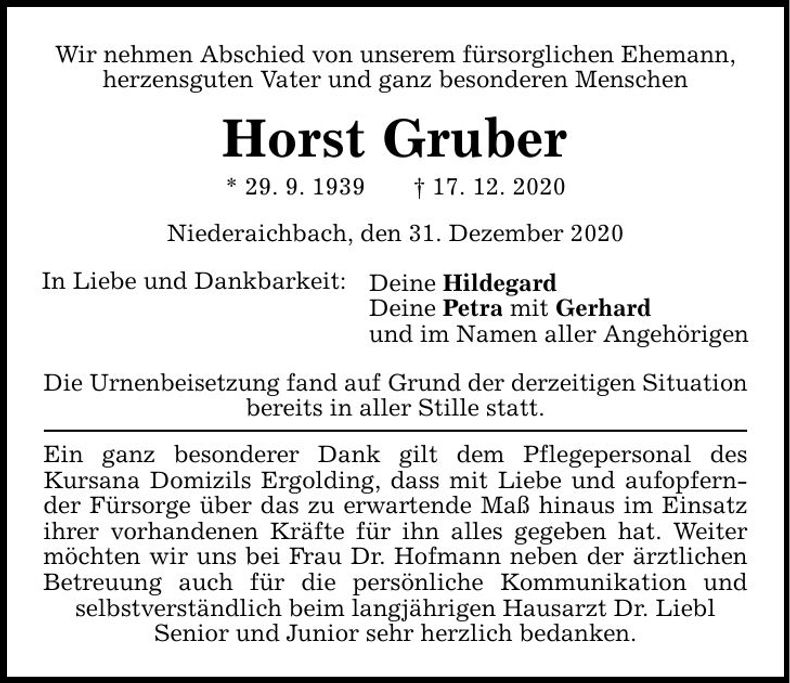 Traueranzeige Horst Gruber