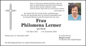 Traueranzeige Philomena Lermer