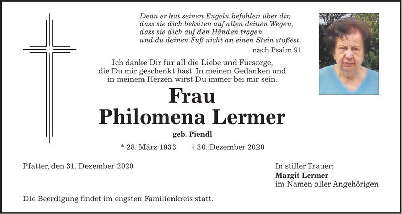 Traueranzeige Philomena Lermer