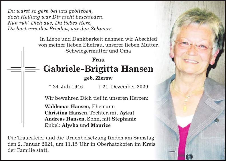 Traueranzeige Gabriele Hansen