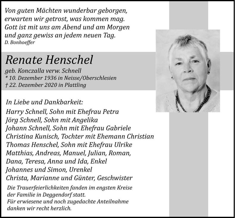 Traueranzeige Renate Henschel