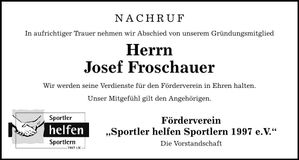 Traueranzeige Josef Froschauer