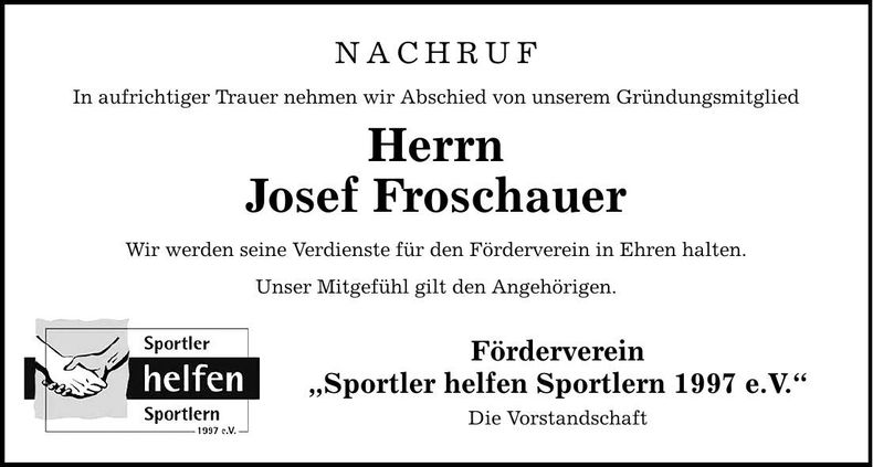 Traueranzeige Josef Froschauer