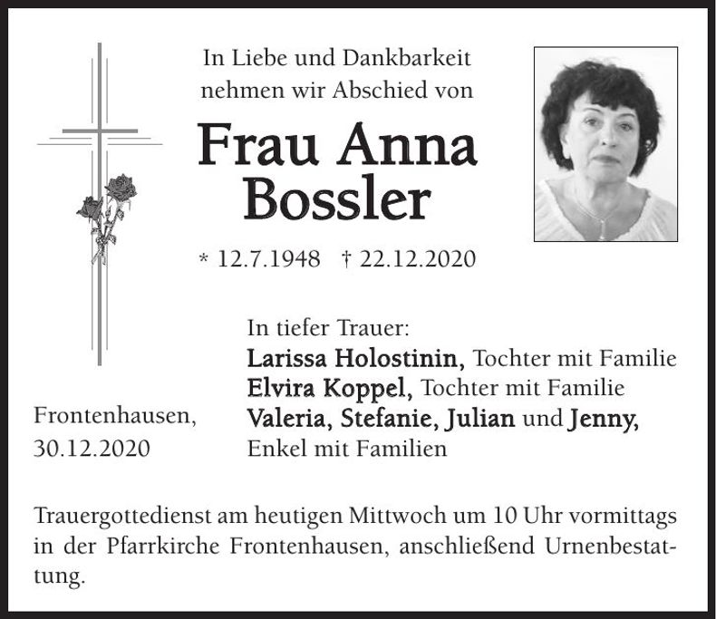 Traueranzeige Anna Bossler