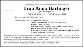 Traueranzeige Anna Hartinger