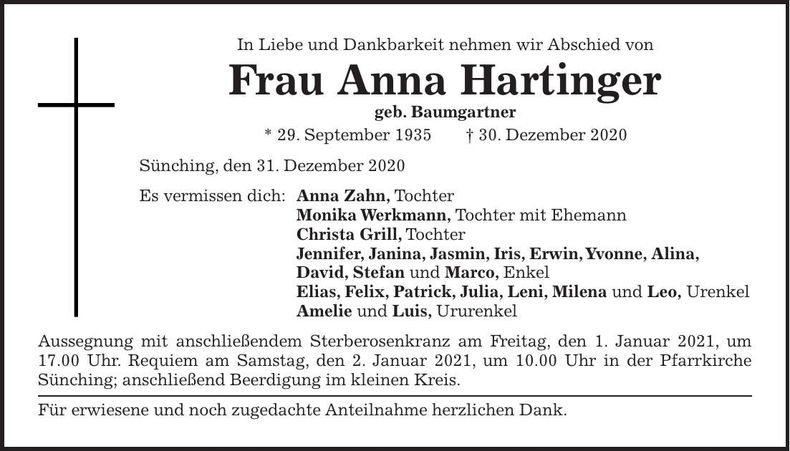 Traueranzeige Anna Hartinger